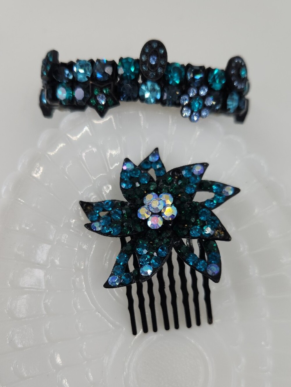 Matching Blue Crystal Flower Hair Comb and Stretch Bracelet